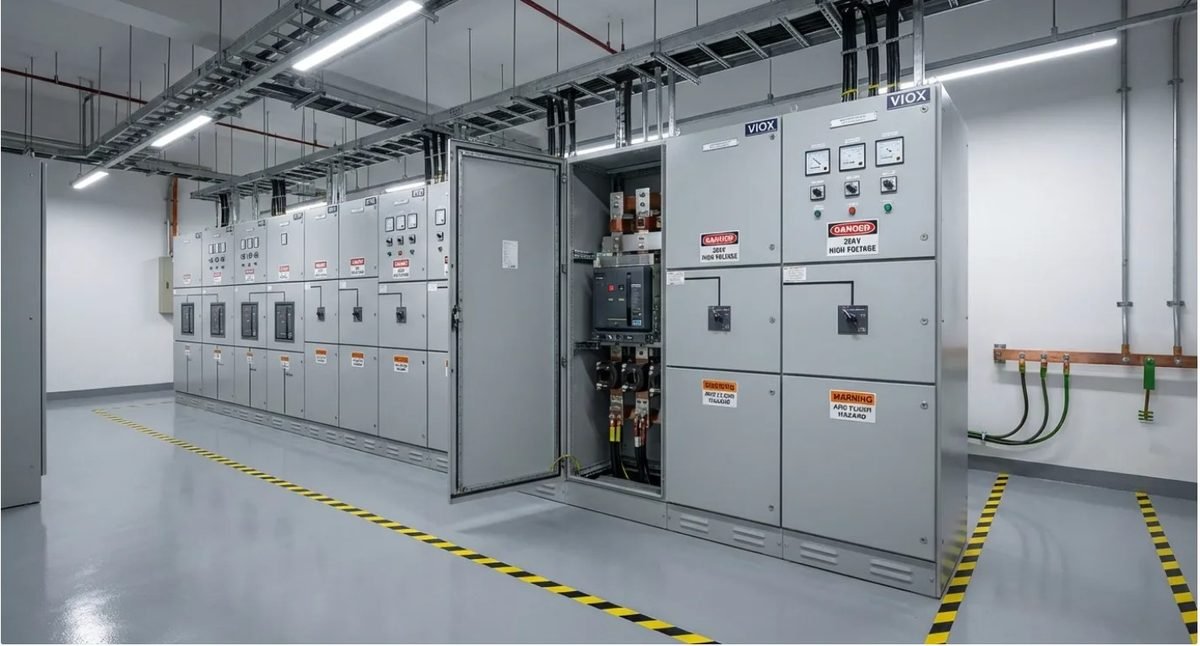 High voltage switchgear installation room with safety markings