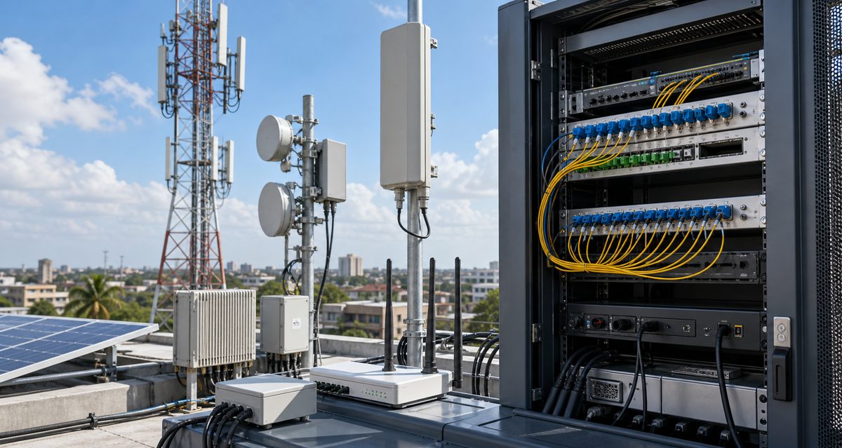 End-to-end telecom infrastructure with tower, fiber cabling, and connectivity equipment